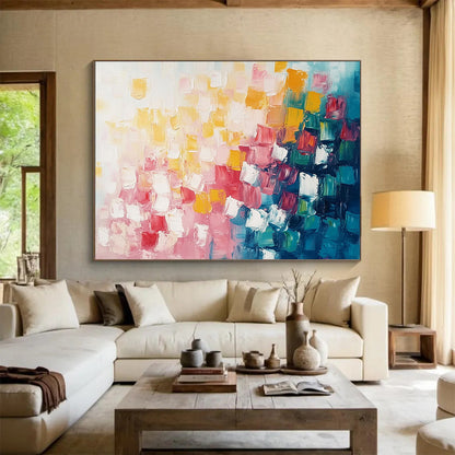 “Dynamic Square Composition” - Pink, Red, Yellow, Blue, White - Energetic Square Abstract - Acrylic Painting HB1321