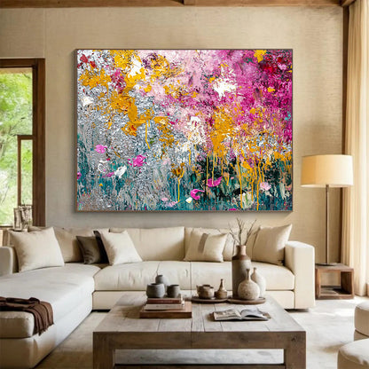 “Textured Floral Abstract” - Yellow, Pink, Silver, Green with Thick Textures - Painting On Canvas HB1379