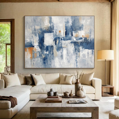 “Gray - Blue Abstract with Orange Accents” - Gray, Blue, White, Orange, Abstract Shapes Painting On Canvas HB0834