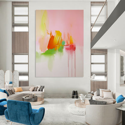 Contemporary hand-painted abstract art featuring soft pink green and orange tones inspired by Cy Twombly's dynamic style. DLZ1703