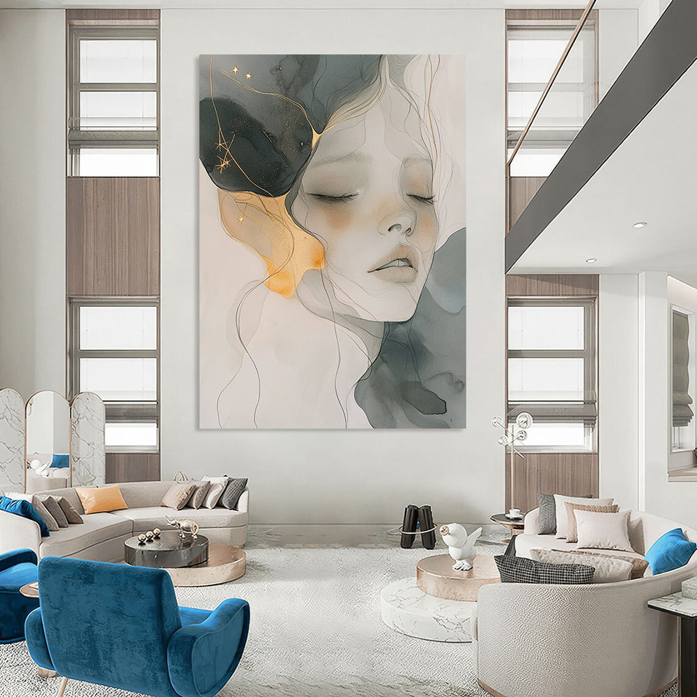 Contemporary abstract artwork features soft watercolor and ink wash with gold accents gentle color palette and ethereal ambience capturing serenity and fluidity. DLZ0786