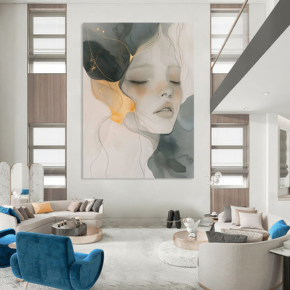 Contemporary abstract artwork features soft watercolor and ink wash with gold accents gentle color palette and ethereal ambience capturing serenity and fluidity. DLZ0786
