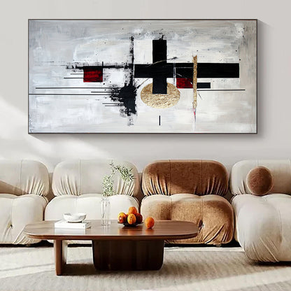 Black, White, Gold, Red with Bold Forms "Artistic Fusion" Abstract Painting On Canvas HB005