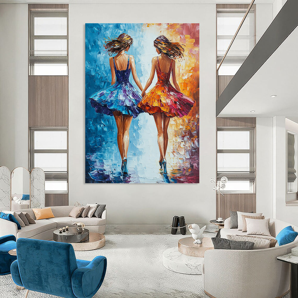 Vibrant contemporary abstract art featuring two friends in colorful dresses walking together creating a joyful and harmonious atmosphere. DLZ1717