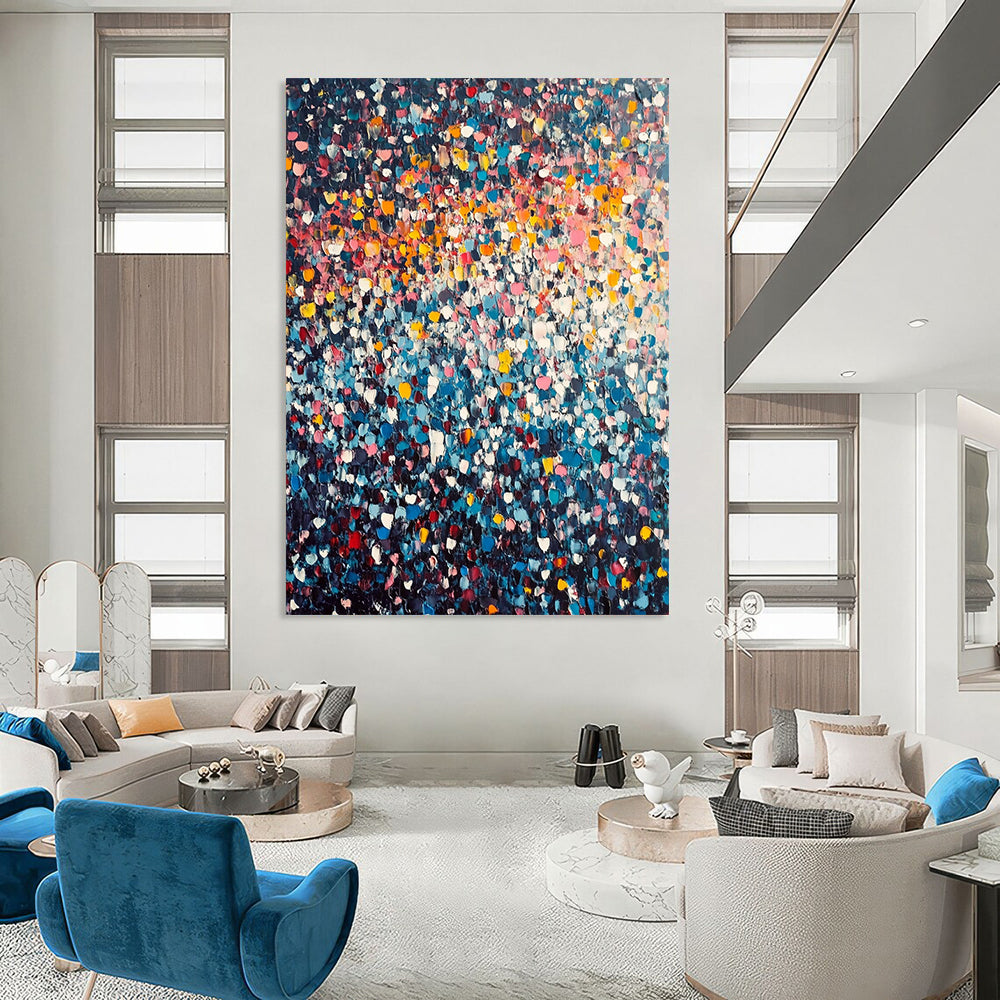 Vibrant contemporary hand-painted abstract artwork featuring a stunning array of tiny flowers in vivid colors against a dark clouded sky. DLZ1007