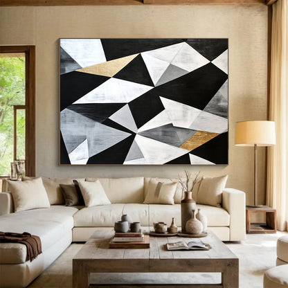 Black, White, Gray, Gold, Angular Collage "Gilded Industrial Fusion" Abstract Modernist Painting On Canvas HB128