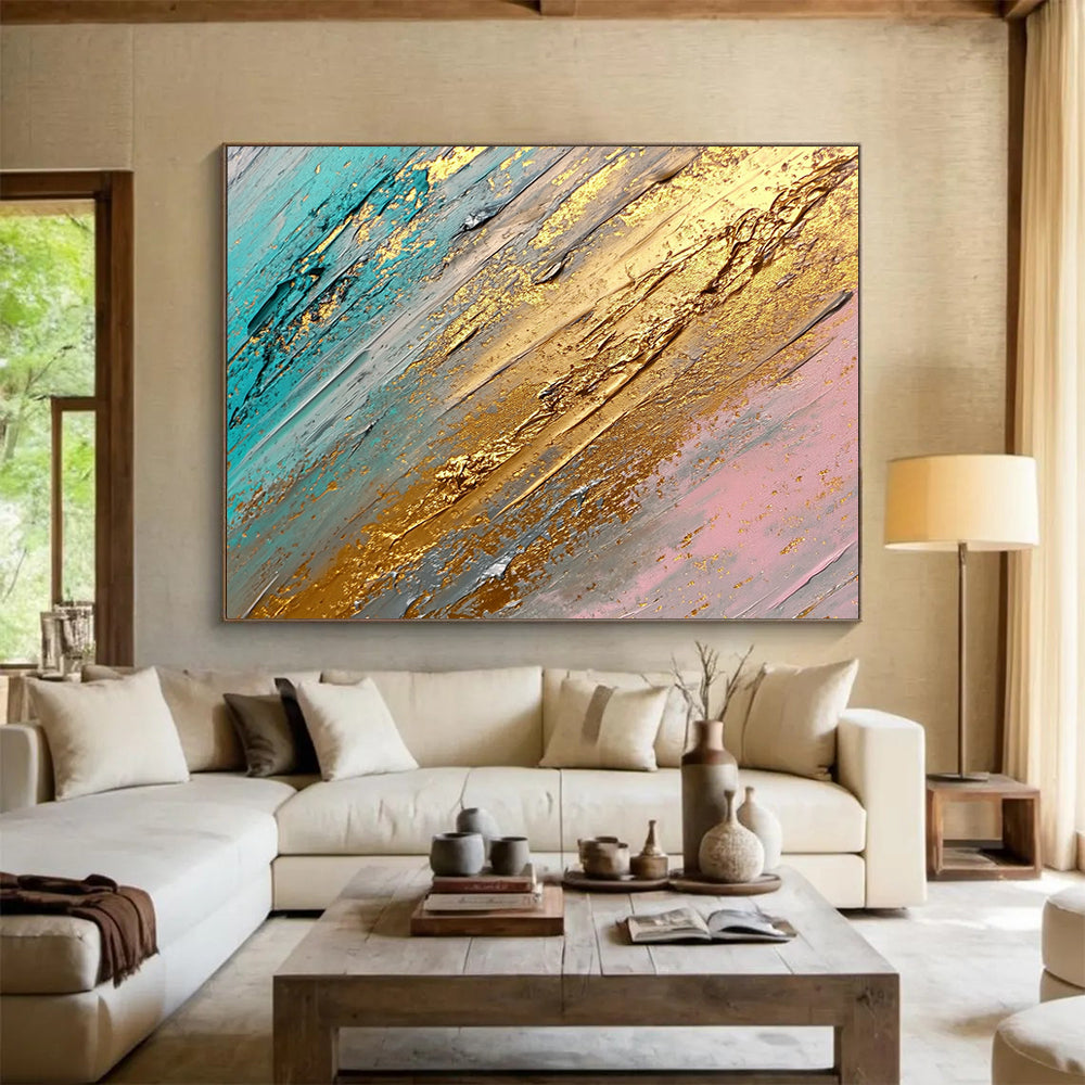 “Teal and Gold Textures” - Teal, Gold, Gray, Pink, Layered Textures - Abstract Impasto Acrylic Painting HB1548