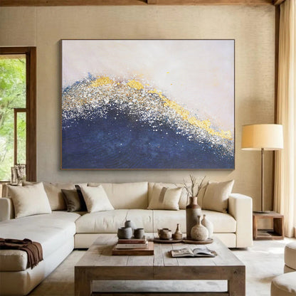 Gold & Blue Abstract Wave - Elegant Living Room or Bedroom Art DLZ268