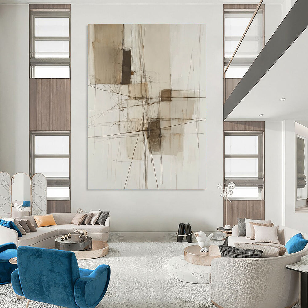 Contemporary abstract painting features neutral tones and soft lines with a wire structure and textures, enhancing its modern aesthetic. DLZ1047