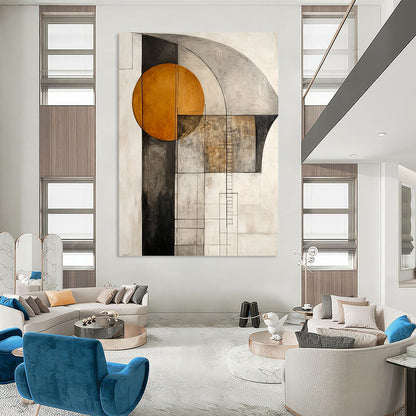 Contemporary abstract artwork featuring an orange circle and gray shapes with a large dark brown arch and a delicate ladder line drawing on a white background. DLZ1016