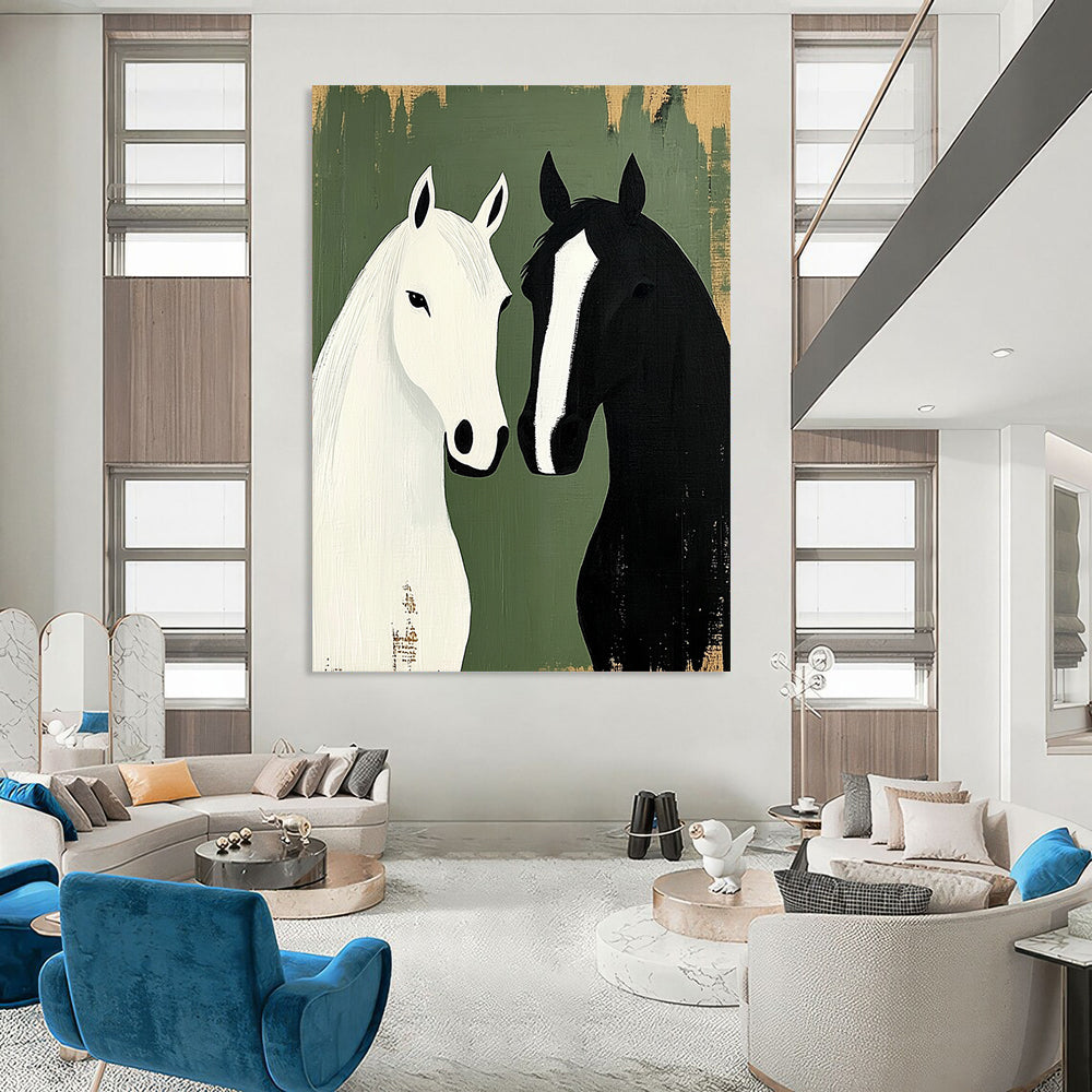 Contemporary abstract artwork featuring two horses in minimalist style against a green background, capturing rustic farmhouse charm and harmony in design. DLZ1719