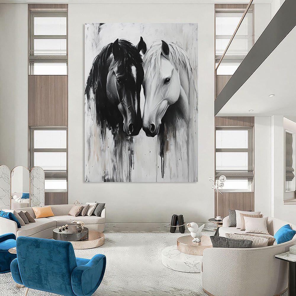 Contemporary abstract art captures two horses in a tender gaze, their connection conveyed through soft brushstrokes and intricate textures, emphasizing emotional bonds. DLZ1146