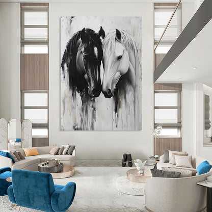 Contemporary abstract art captures two horses in a tender gaze, their connection conveyed through soft brushstrokes and intricate textures, emphasizing emotional bonds. DLZ1146