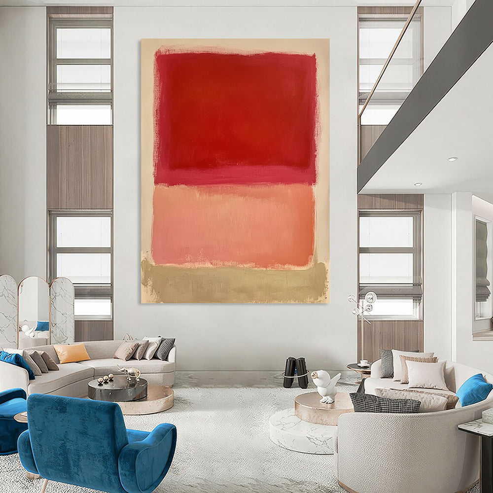 Large contemporary hand-painted abstract art featuring a red square pink rectangle and peach shape on a white background. Soft edges and flat appearance. DLZ1387