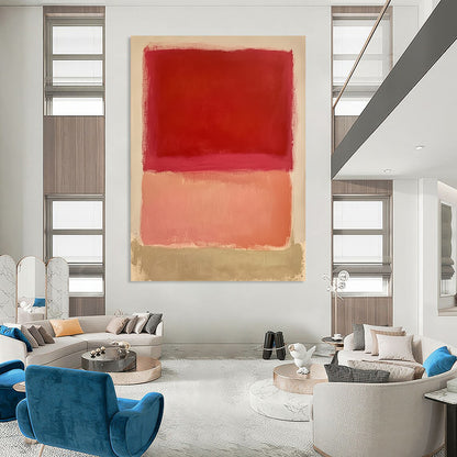 Large contemporary hand-painted abstract art featuring a red square pink rectangle and peach shape on a white background. Soft edges and flat appearance. DLZ1387