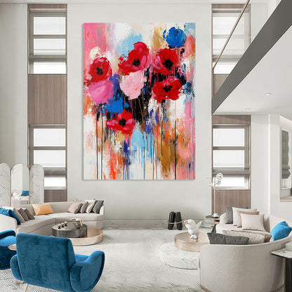 Expressive contemporary abstract painting of flowers in vibrant red pink and blue with thick brushstrokes and texture capturing the warmth of springtime. DLZ0982