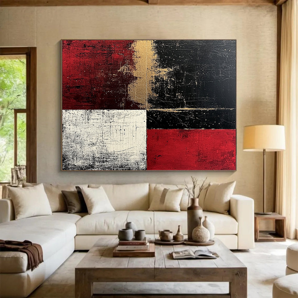 Black, Red, White, Gold, Geometric Blocks "Rustic Drama" Abstract Painting On Canvas HB039
