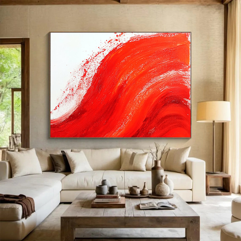 “Bold Red Wave” - Vibrant Red, White, Dynamic Brushstrokes - Abstract Acrylic Painting HB1730