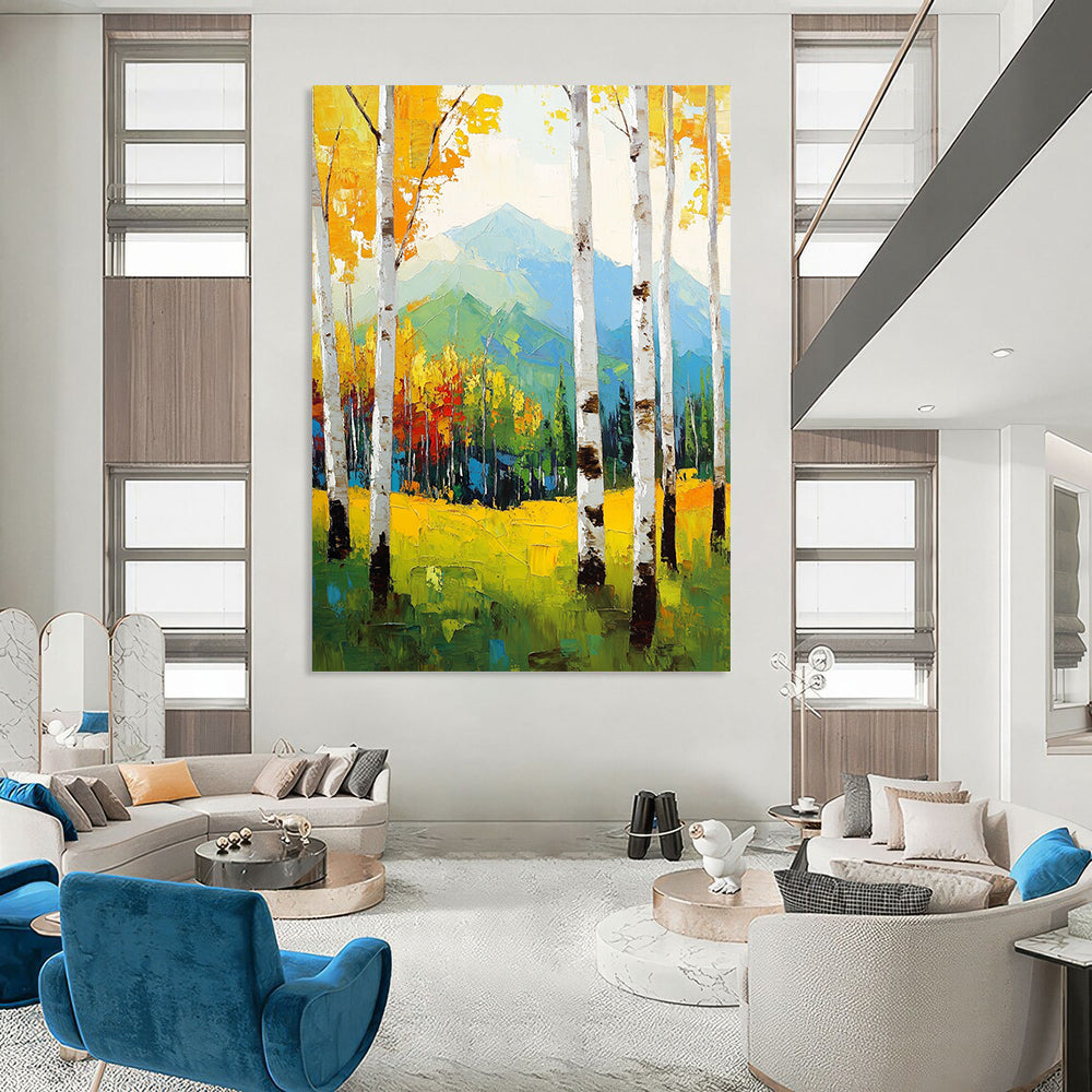 Large contemporary hand-painted abstract artwork featuring birch trees in vibrant spring colors against a mountain backdrop with expressive brushstrokes. DLZ1100