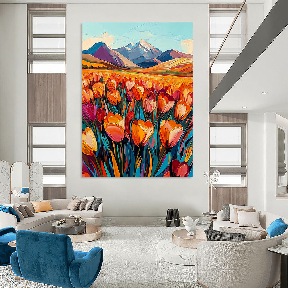 Contemporary vibrant abstract artwork featuring a field of tulips in orange and pink with majestic mountains in the background, evoking a sense of joy. DLZ1495