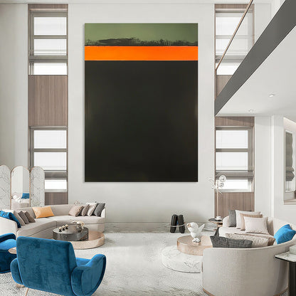 Contemporary abstract art features a bold orange strip atop a dark green background showcasing elegant simplicity and striking color contrast. DLZ1634
