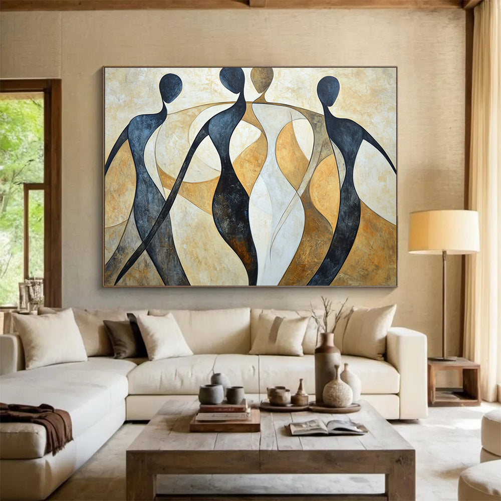 “Abstract Figures” - Black, white, beige, Abstract Figurative Painting HB0637
