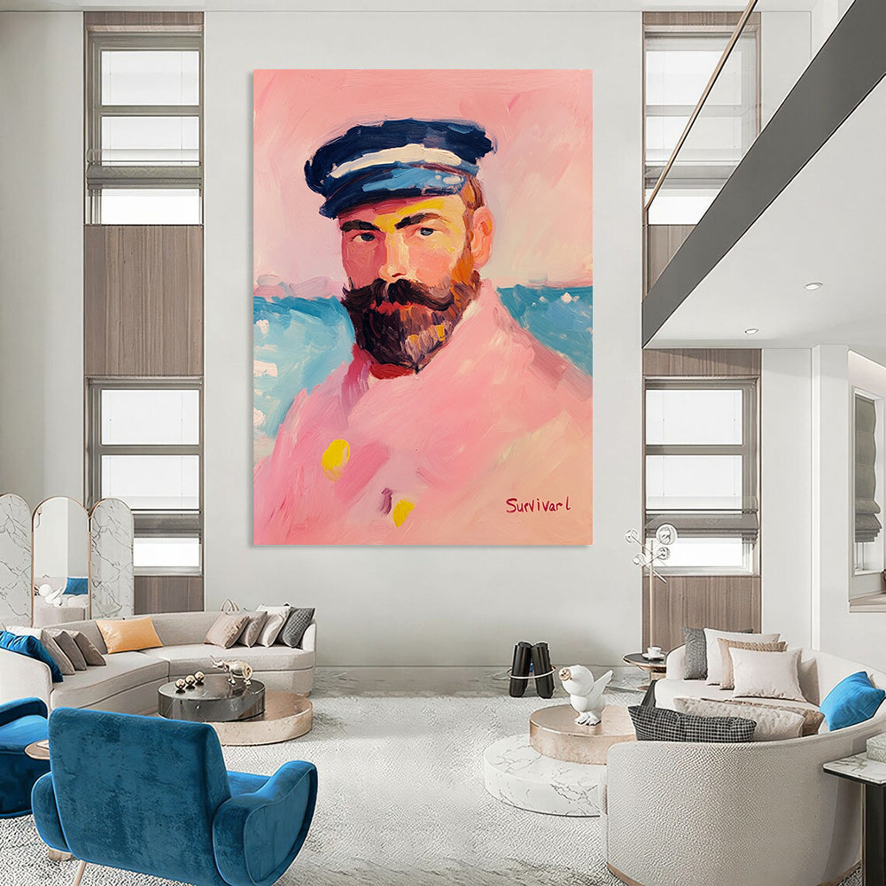 Contemporary hand-painted abstract artwork featuring a sailor in pink attire with a pastel palette and thick brush strokes against a vibrant background. DLZ1408