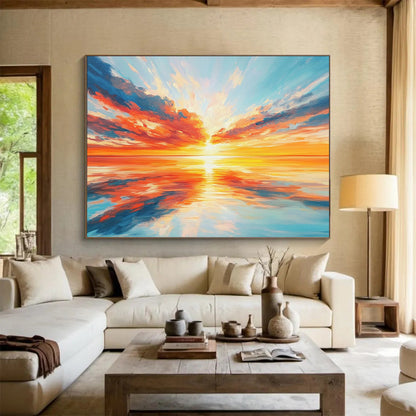 “Vibrant Sunset Over Sea” - Oranges, Reds, Yellows, Blues, Ocean Sunset - Expressionist Oil Painting HB1577