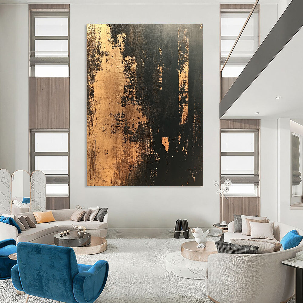 Contemporary hand-painted abstract artwork featuring distressed textured wallpaper in dark tones with gold accents creating a vintage modern aesthetic. DLZ1437