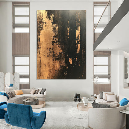 Contemporary hand-painted abstract artwork featuring distressed textured wallpaper in dark tones with gold accents creating a vintage modern aesthetic. DLZ1437