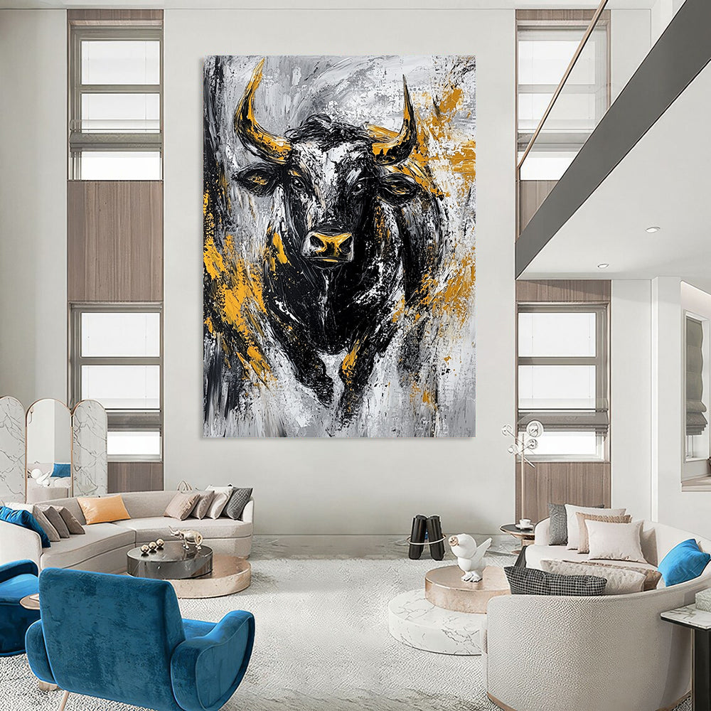 Bold contemporary abstract painting featuring an aggressive bull in textured black and gold against a striking grey background. DLZ0885