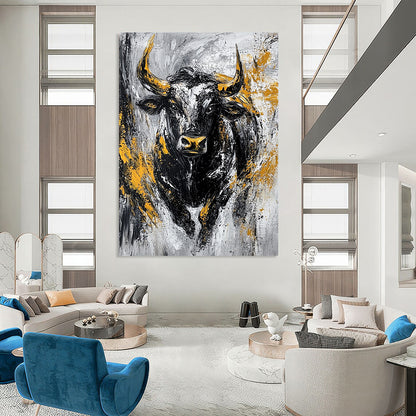 Bold contemporary abstract painting featuring an aggressive bull in textured black and gold against a striking grey background. DLZ0885