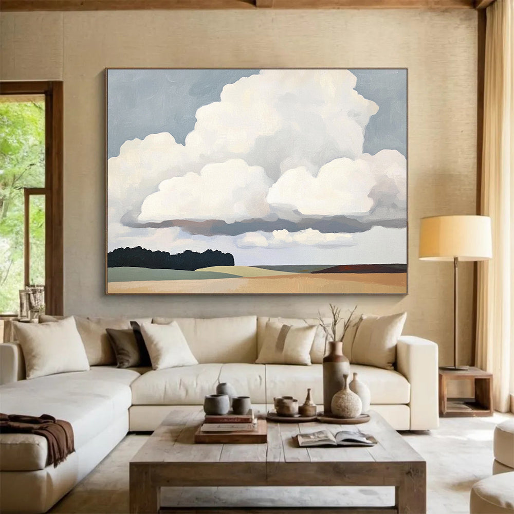 “Cloudscape Calm” - Soft grays, whites, muted greens, browns; Big fluffy clouds, open fields, trees; Minimalist Landscape Painting On Canvas HB1150