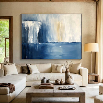 “Blue and White Abstract Waterfall” - Blue, White, Abstract Waterfall Scene Painting On Canvas HB1006