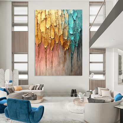Contemporary abstract painting featuring textured brush strokes in gold silver and teal against a muted gray background with dynamic raindrop-like lines. DLZ1193