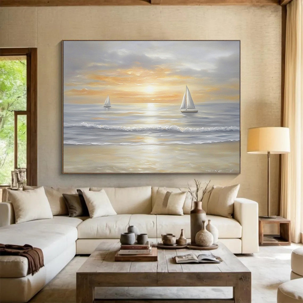 “Sailboats at Dusk” - Neutrals, Oranges, Yellows, Sailboats on Calm Sea at Sunset - Oil Painting HB1757