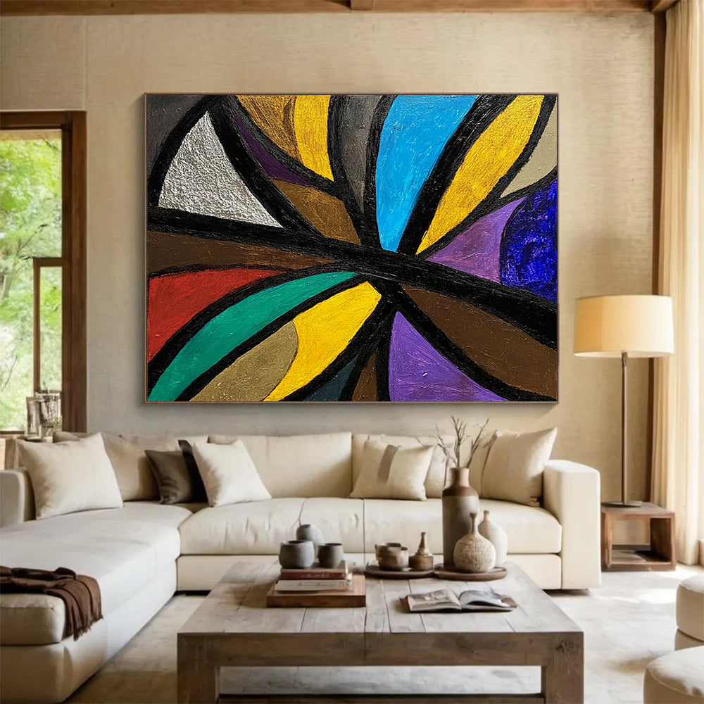 Colorful Geometric Abstract with Black Lines - Cubist - Inspired Painting On Canvas HB0495