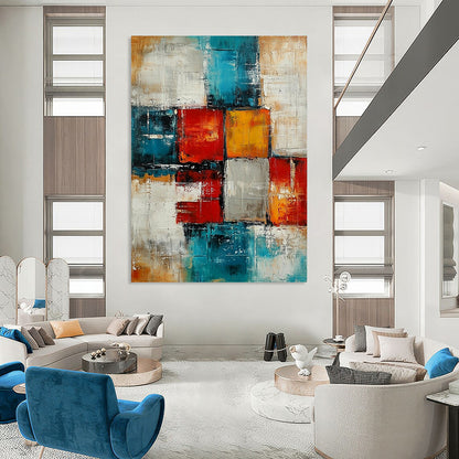 Contemporary abstract artwork featuring textured blocks and squares in teal, reds, oranges, gray, cream, and beige for a vibrant atmosphere. DLZ0478
