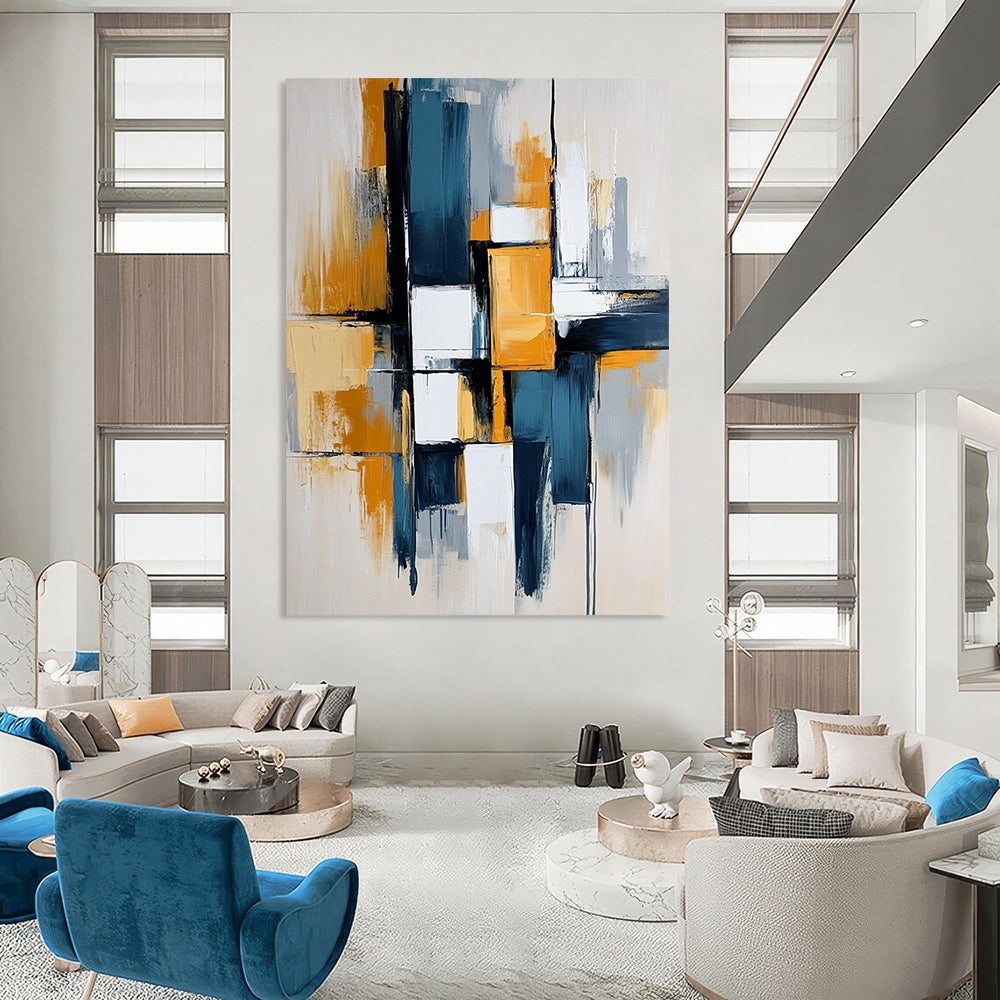 Contemporary hand-painted abstract art featuring dynamic lines and bold blocks in blue, white, gray, and mustard yellow colors for a striking visual impact. DLZ0496