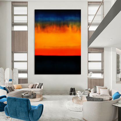 Contemporary hand-painted abstract art showcasing an orange and blue gradient sunset over the ocean with low contrast and dark colors for a blurred effect. DLZ0538