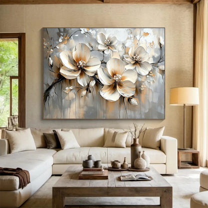 “Beige - Gray Floral Blooms” - Beige, Gray, White, Textured Floral Blooms - Impasto Oil Painting HB1783