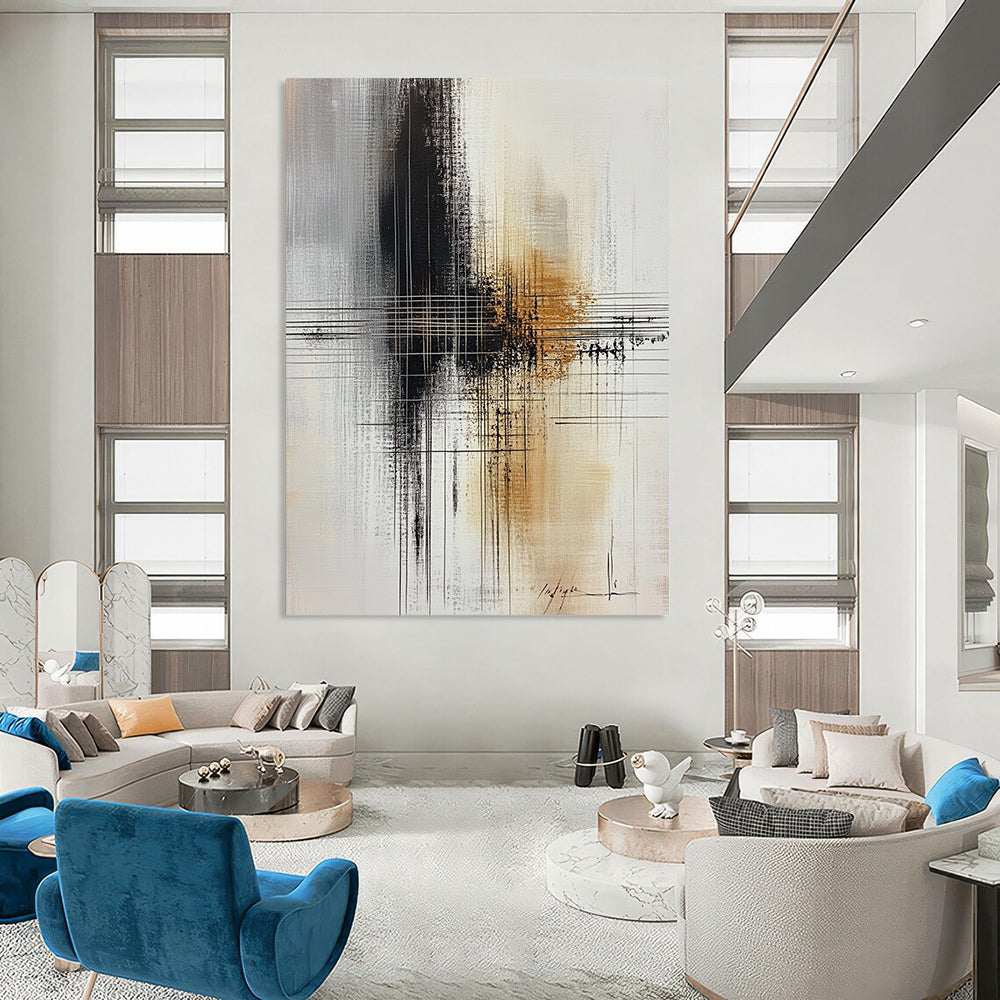 Large contemporary abstract painting featuring bold brushstrokes in black, white, and hints of gold with a central cross line drawing. DLZ0567