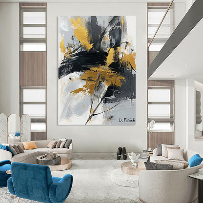 Contemporary abstract artwork featuring bold black white and gold brush strokes and palette knife technique with signature D Finish. DLZ1557