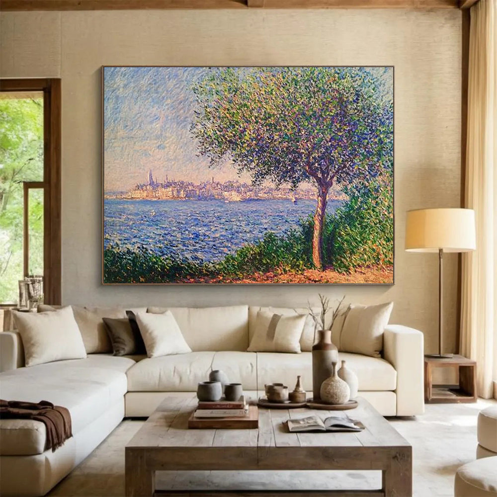 “Pointillist Tree and Sea” - Blue, Green, Purple, Pointillist Coastal Scene - Pointillist Oil Painting HB1675