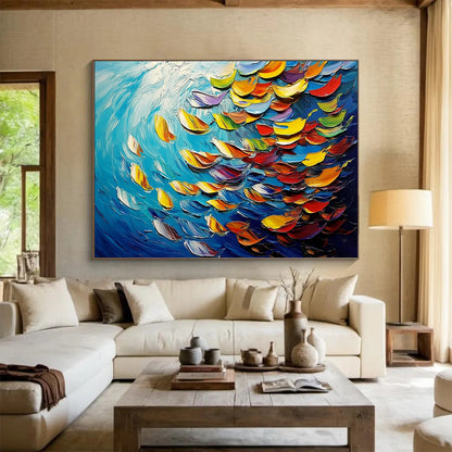 “Colorful Fish in 3D Waves” - Blue, Colorful Fish Shapes, Textured 3D - like Marine Painting On Canvas HB1096