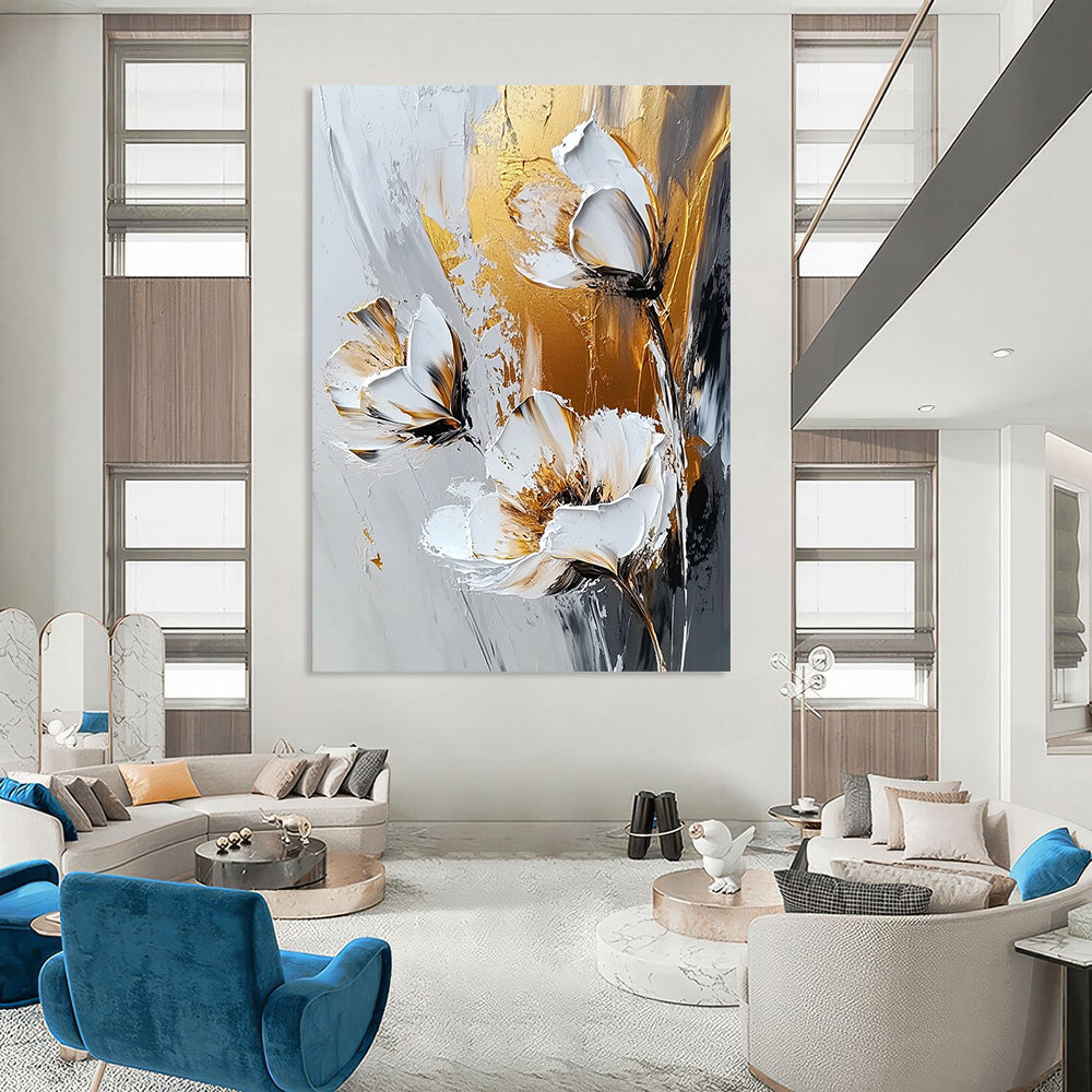 Contemporary abstract artwork featuring gold and white flowers on a grey background with expressive white brush strokes, emphasizing a textured palette knife technique. DLZ0386