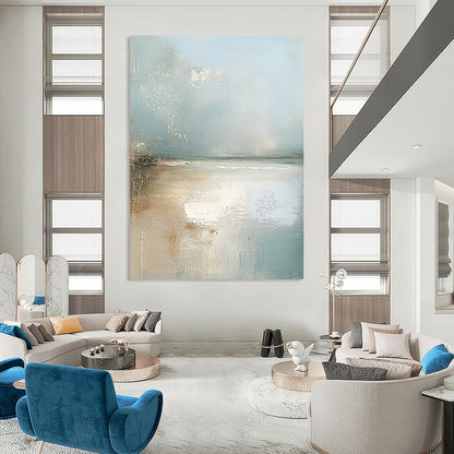 Contemporary abstract painting showcasing an Irish beach with light blue and neutral tones featuring soft edges and a serene atmosphere. DLZ0460