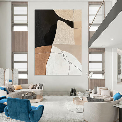 Contemporary abstract artwork with minimalist Japandi design featuring leather and paper collage in neutral earthy tones and feminine hand-stitched details. DLZ1619