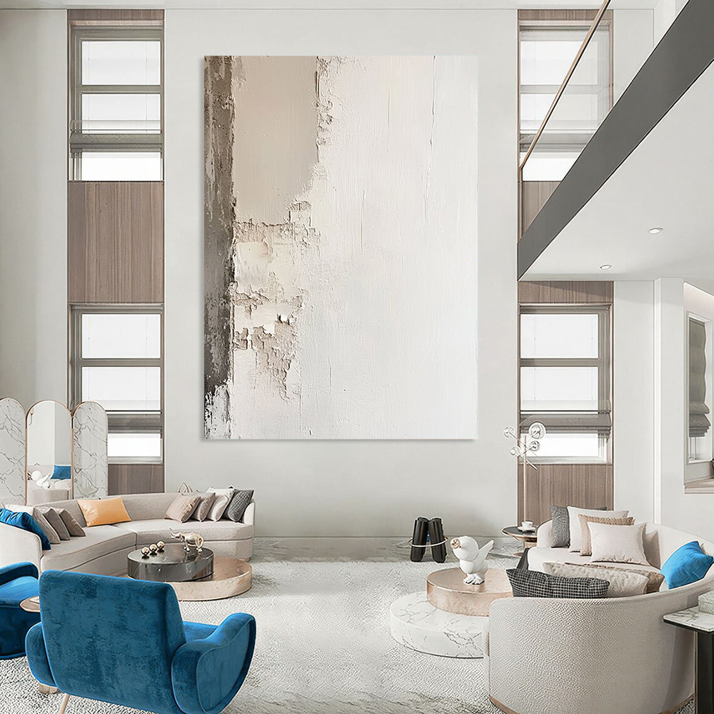 Contemporary abstract painting featuring a white plaster wall with chipped edges in neutral tones for a minimalistic and simple aesthetic. DLZ0608