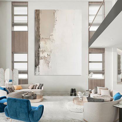 Contemporary abstract painting featuring a white plaster wall with chipped edges in neutral tones for a minimalistic and simple aesthetic. DLZ0608